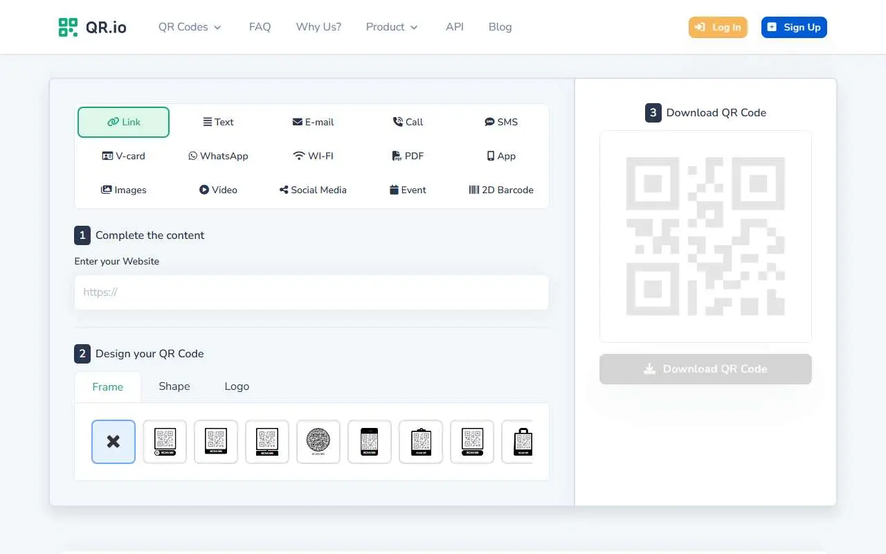 Tampilan website resmi QR.io (qr.io)