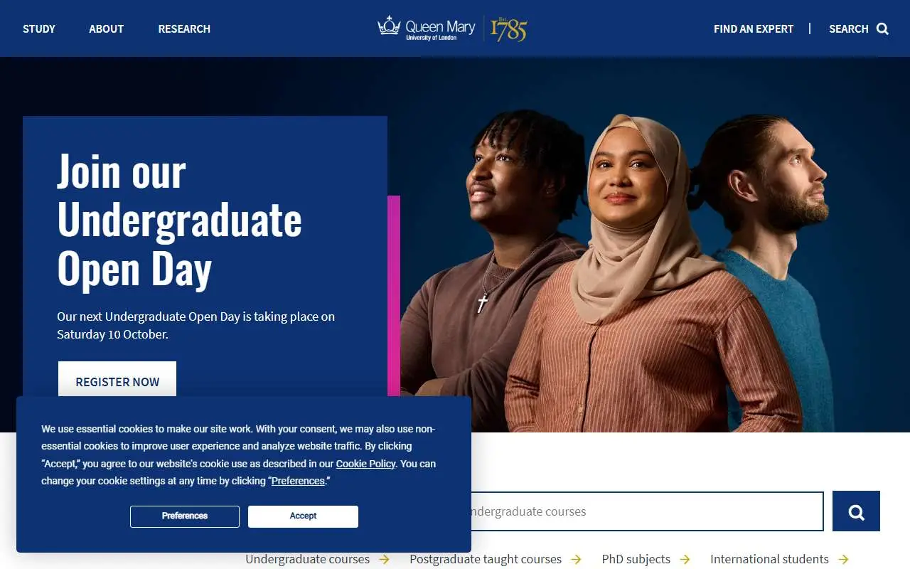 Tampilan website resmi Queen Mary, Universitas London (qmul.ac.uk)