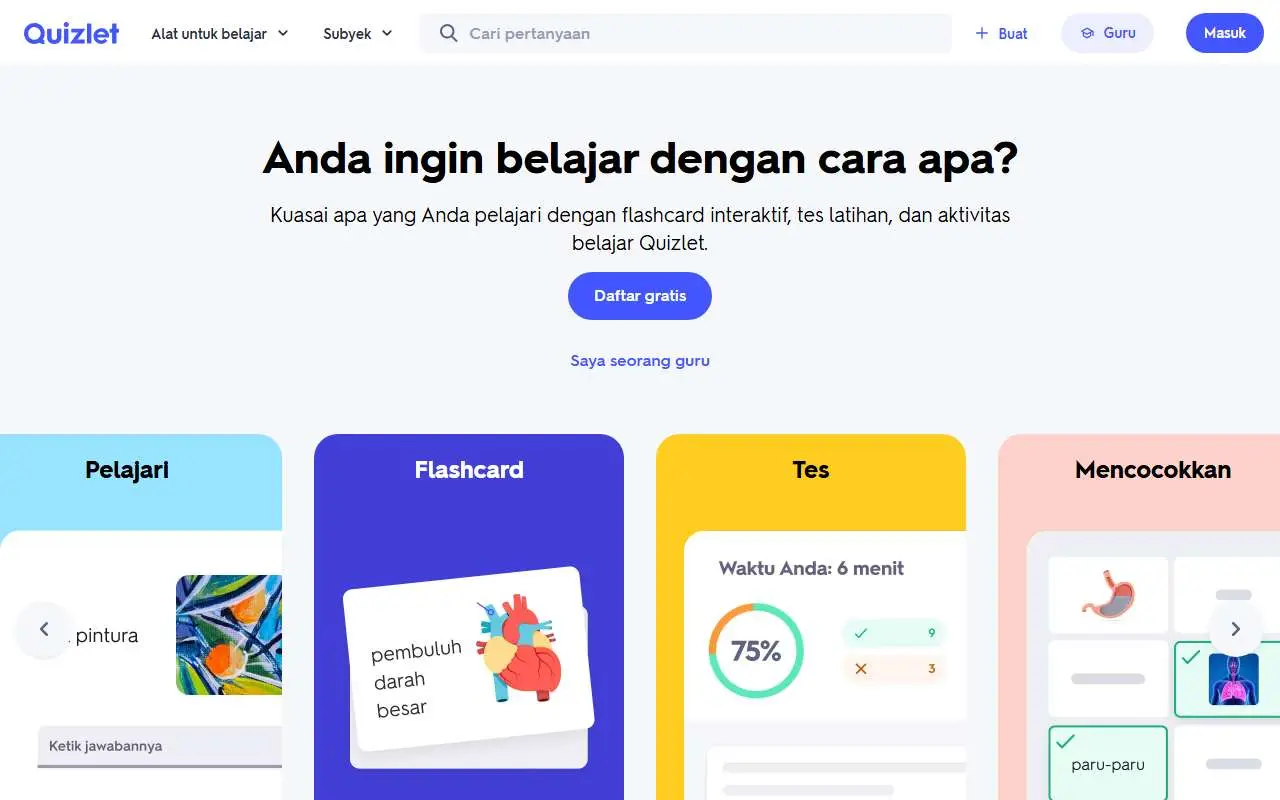 Tampilan website resmi Quizlet (quizlet.com)