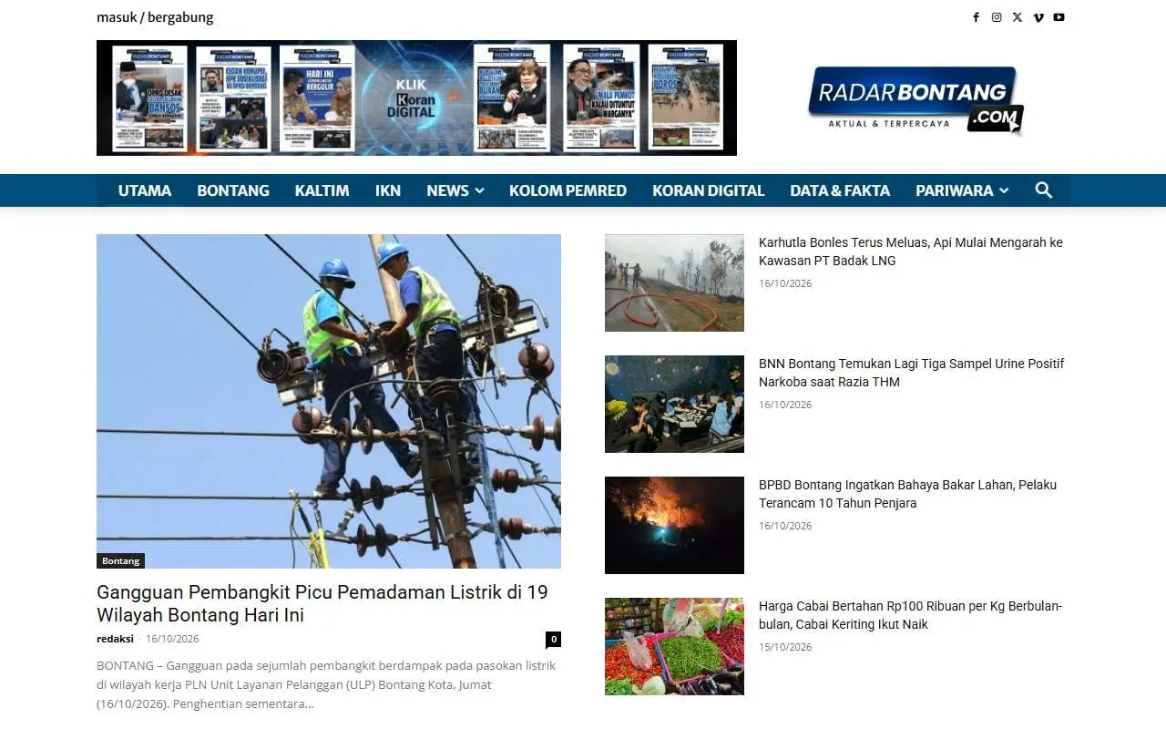 Tampilan website resmi Radar Bontang (radarbontang.com)