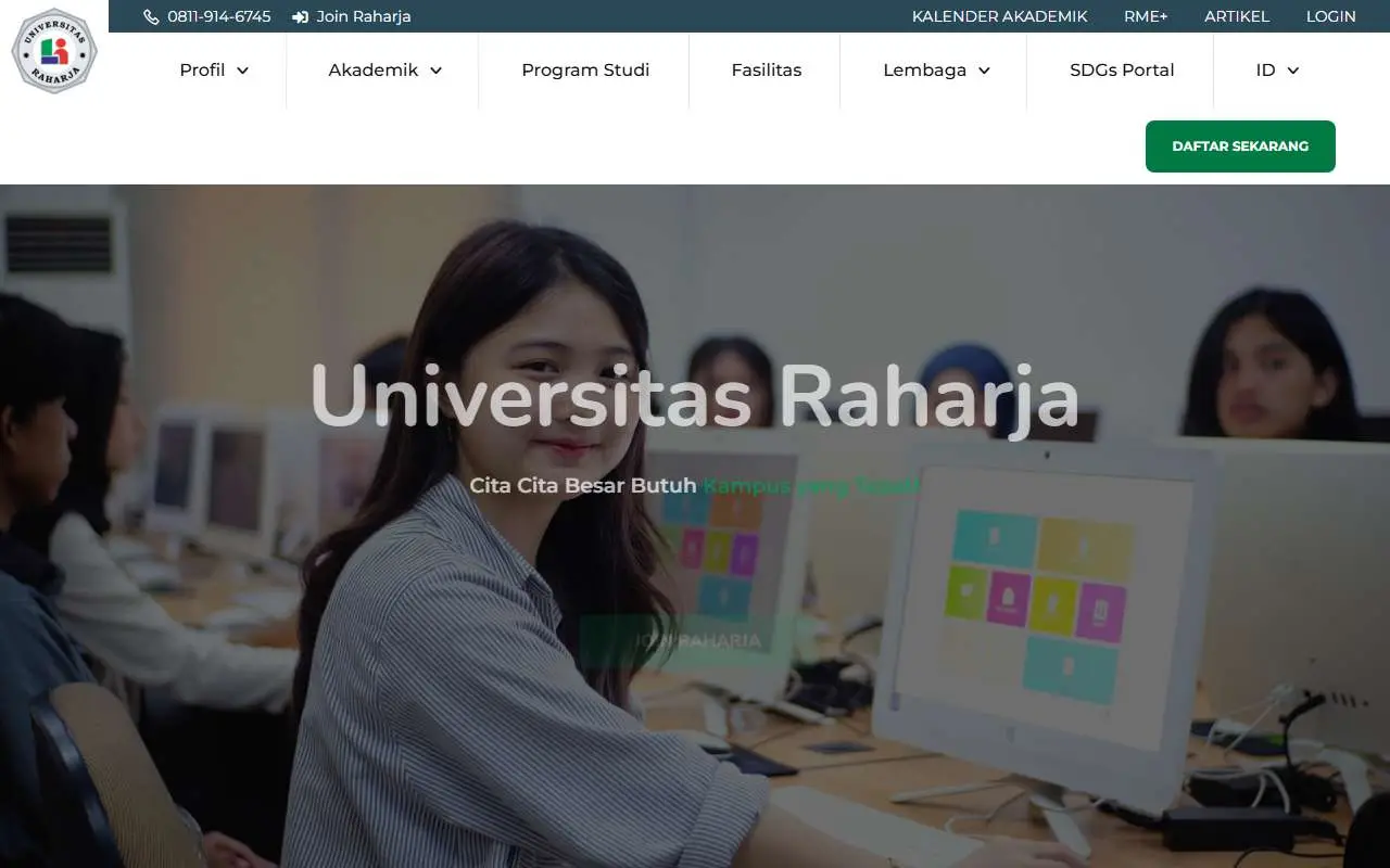 Tampilan website resmi University of Raharja (raharja.ac.id)