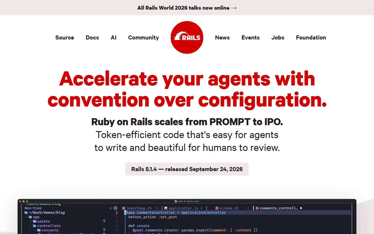 Tampilan website resmi Ruby on Rails (rubyonrails.org)