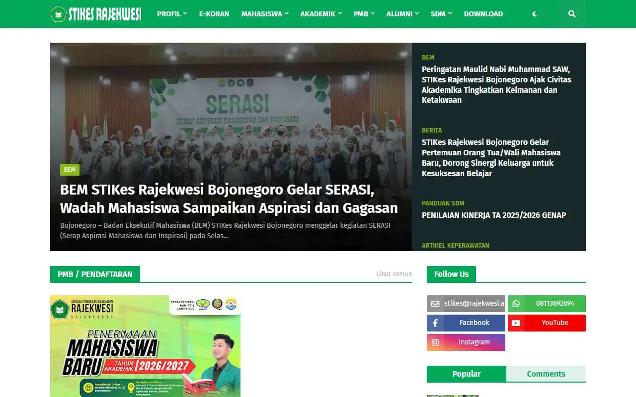 Tampilan website resmi Akademi Kesehatan Rajekwesi Bojonegoro (rajekwesi.ac.id)