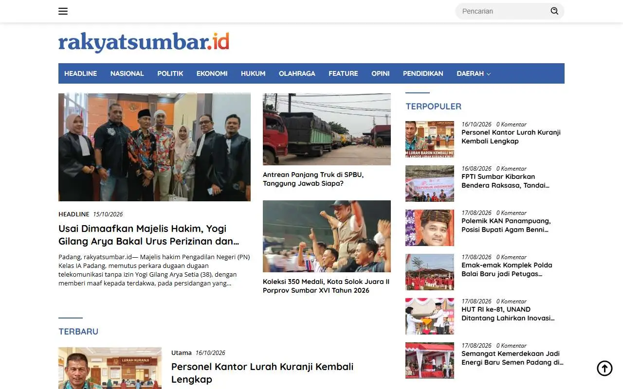 Tampilan website resmi Harian Umum Rakyat Sumbar (rakyatsumbar.id)