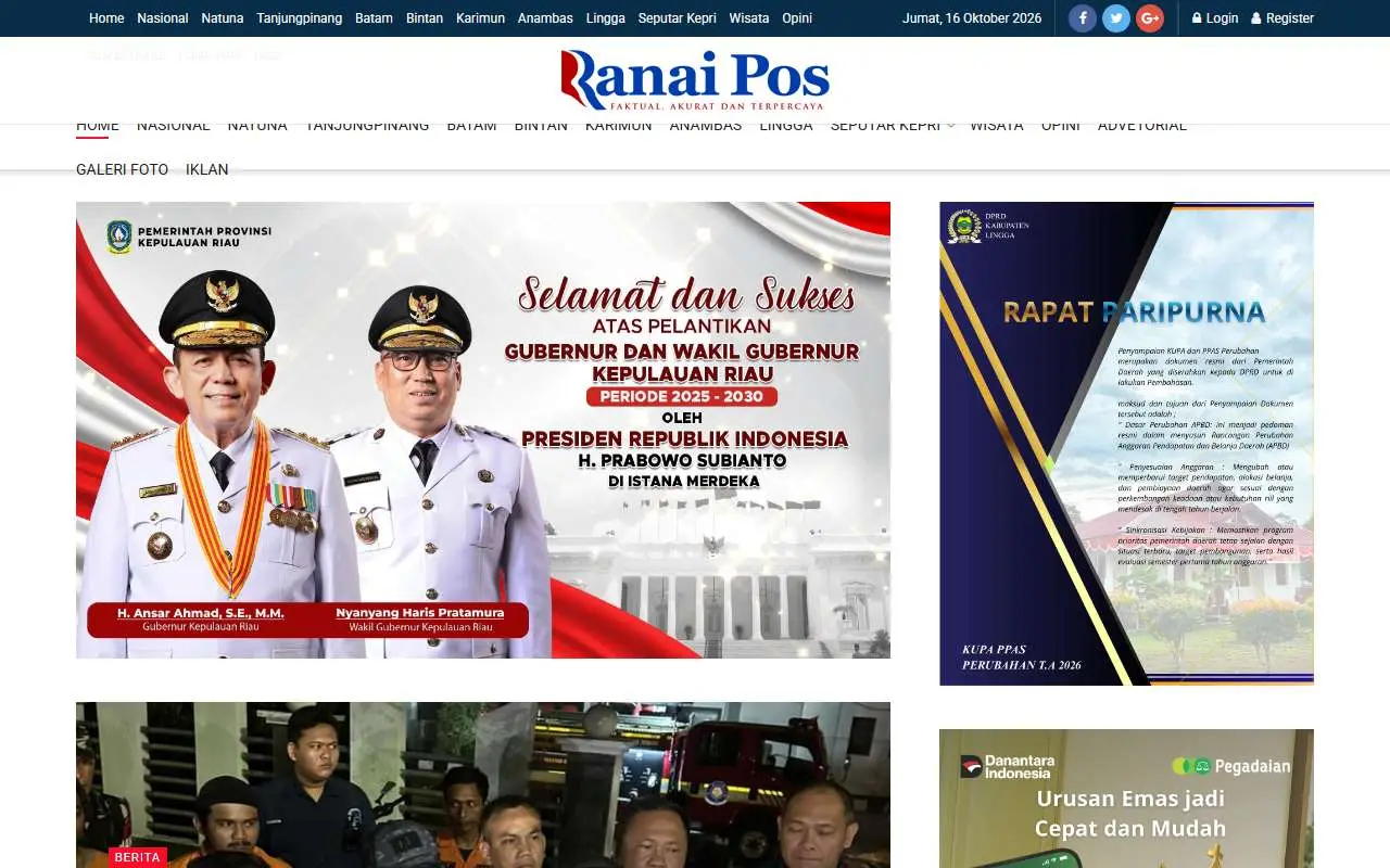 Tampilan website resmi Ranai Pos (ranaipos.com)