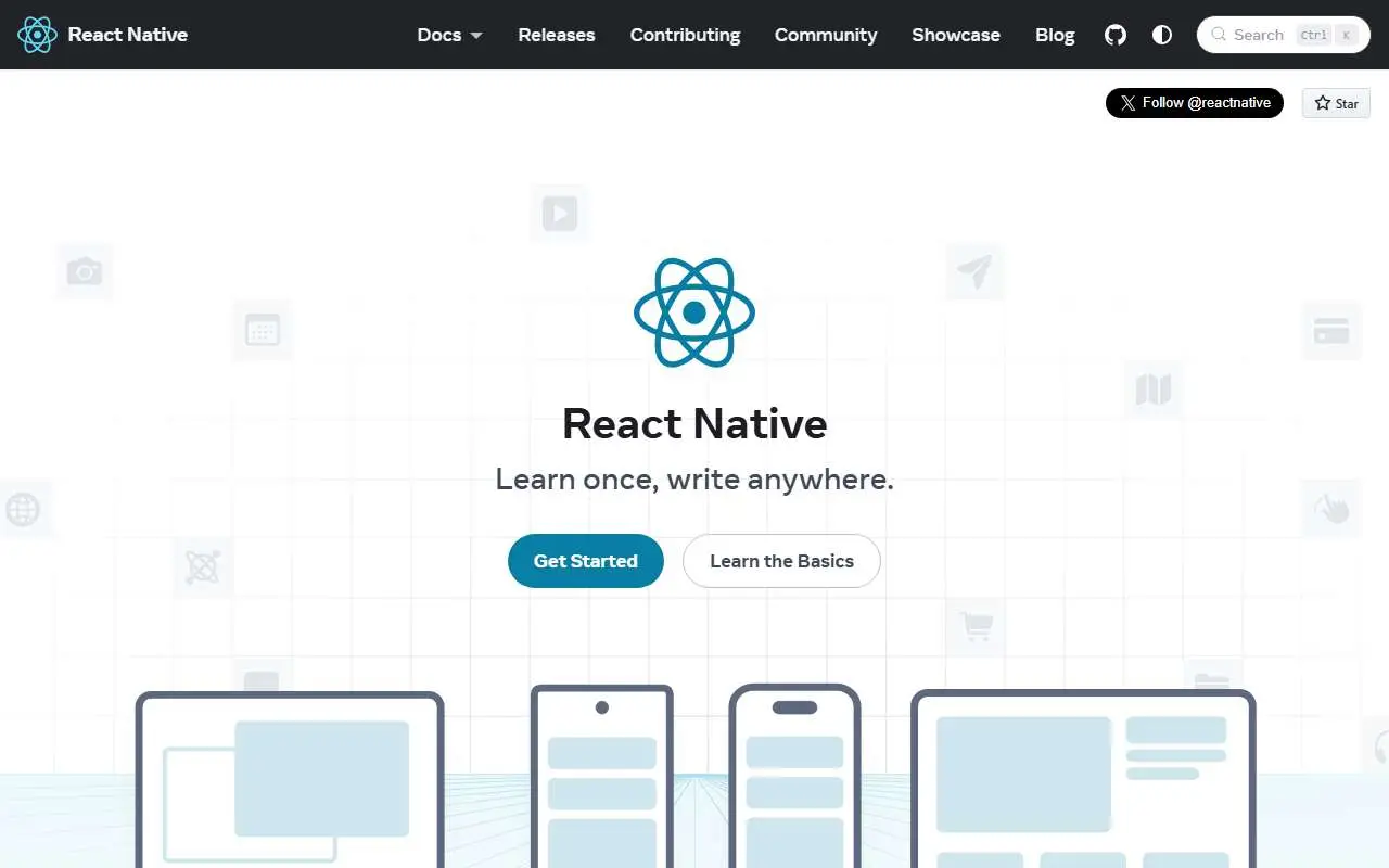 Tampilan website resmi React Native (reactnative.dev)
