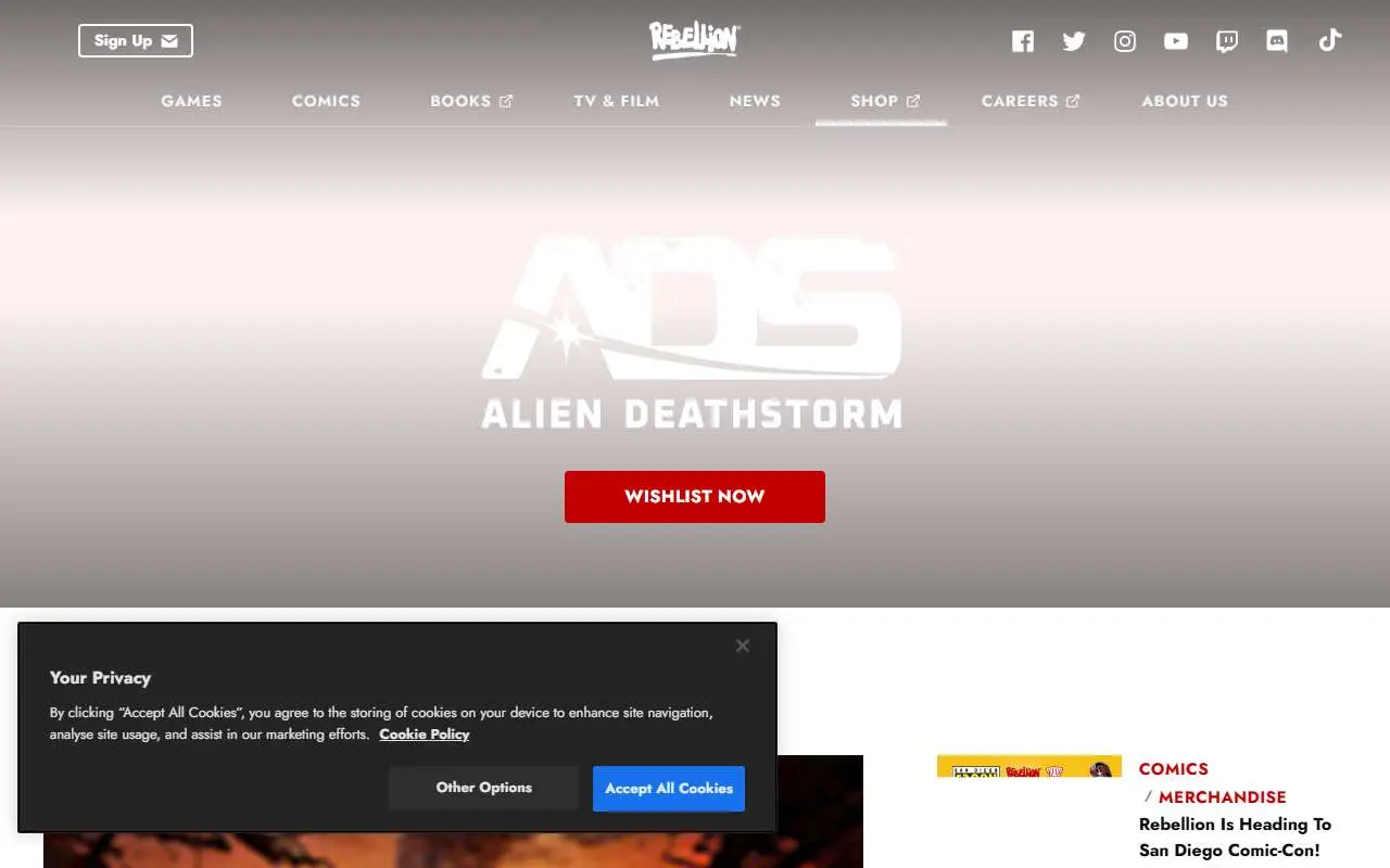 Tampilan website resmi Rebellion Developments (rebellion.com)