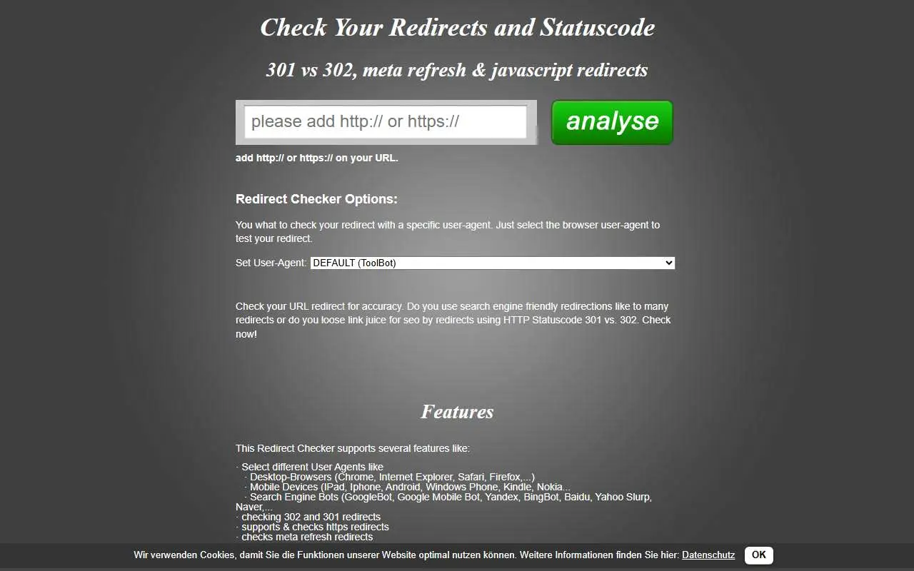Tampilan website resmi Redirect Checker (redirect-checker.org)