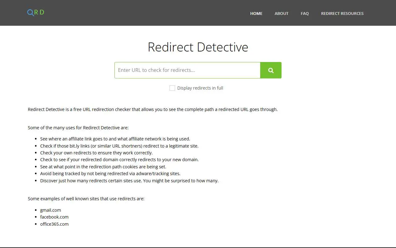 Tampilan website resmi Redirect Detective (redirectdetective.com)