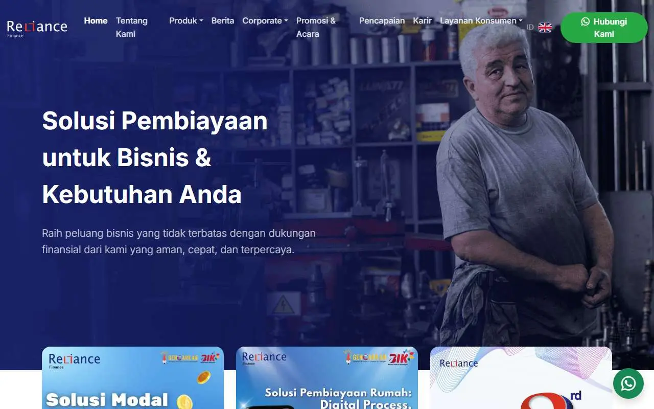 Tampilan website resmi Usaha Pembiayaan Reliance Indonesia (reliance-finance.com)
