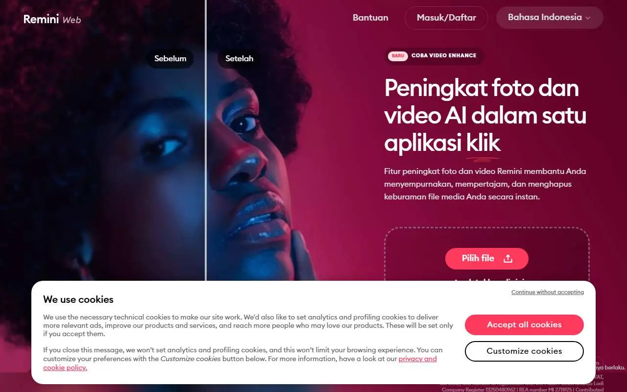 Tampilan website resmi Remini (remini.ai)
