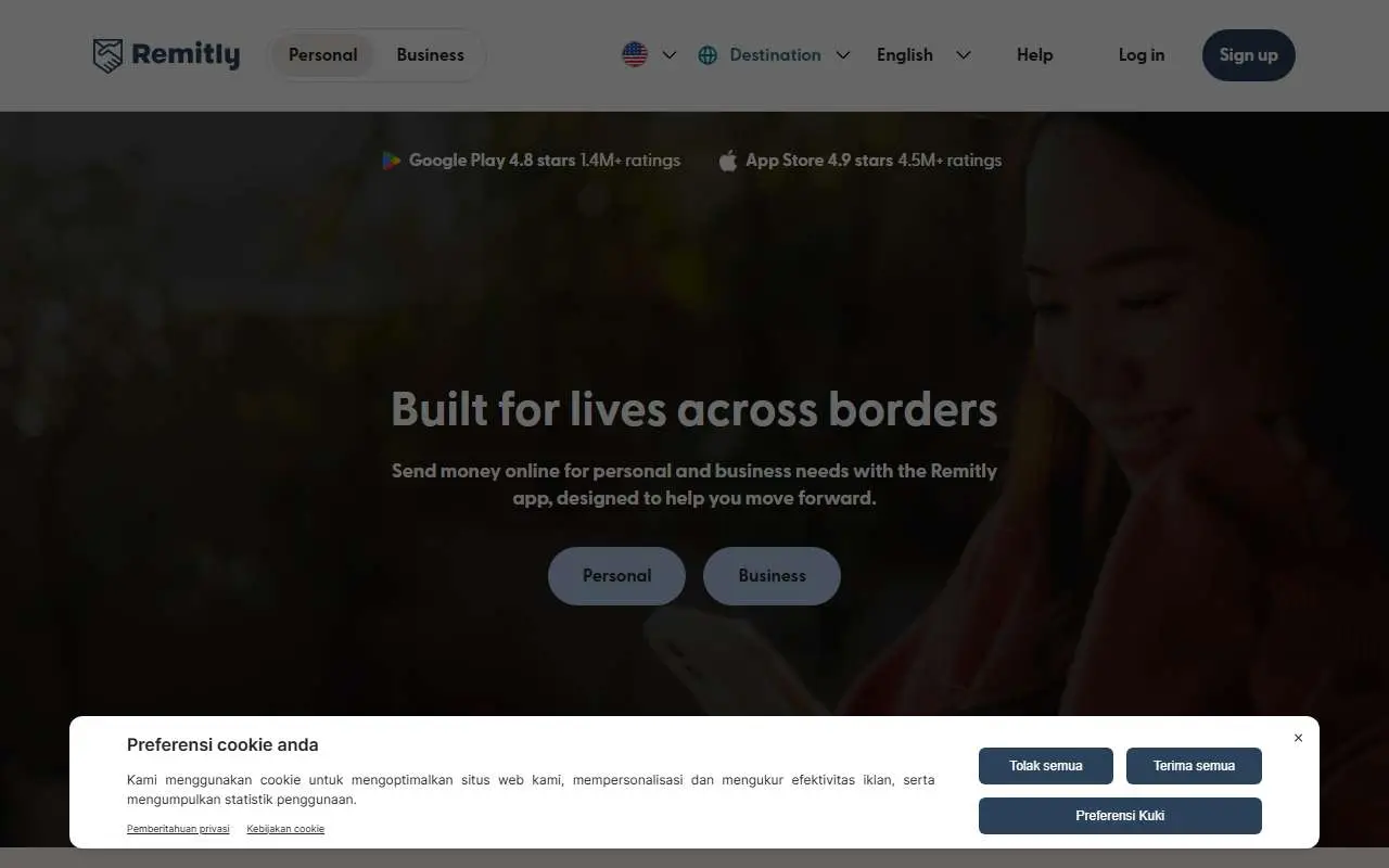 Tampilan website resmi Remitly (remitly.com)