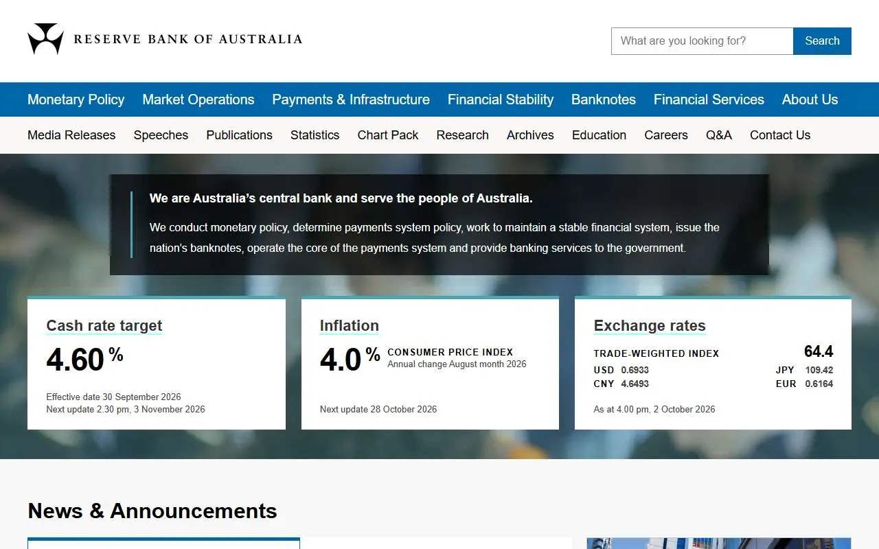 Tampilan website resmi Reserve Bank of Australia (rba.gov.au)