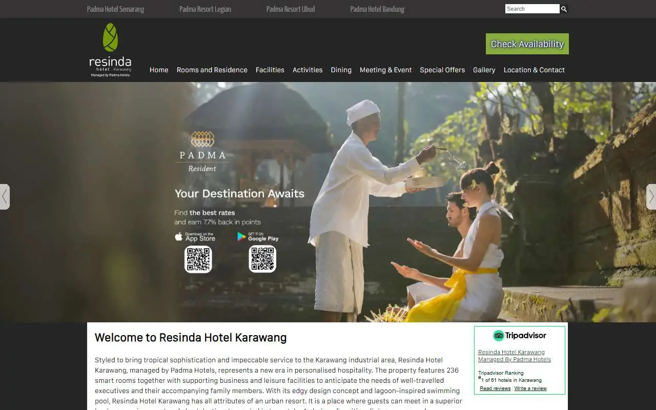 Tampilan website resmi Resinda Hotel Karawang (resindahotel.com)