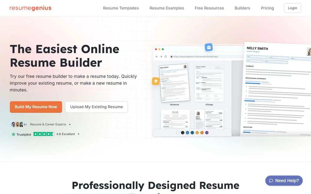 Tampilan website resmi Resume Genius (resumegenius.com)