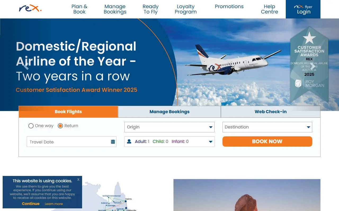 Tampilan website resmi Rex Airlines (rex.com.au)