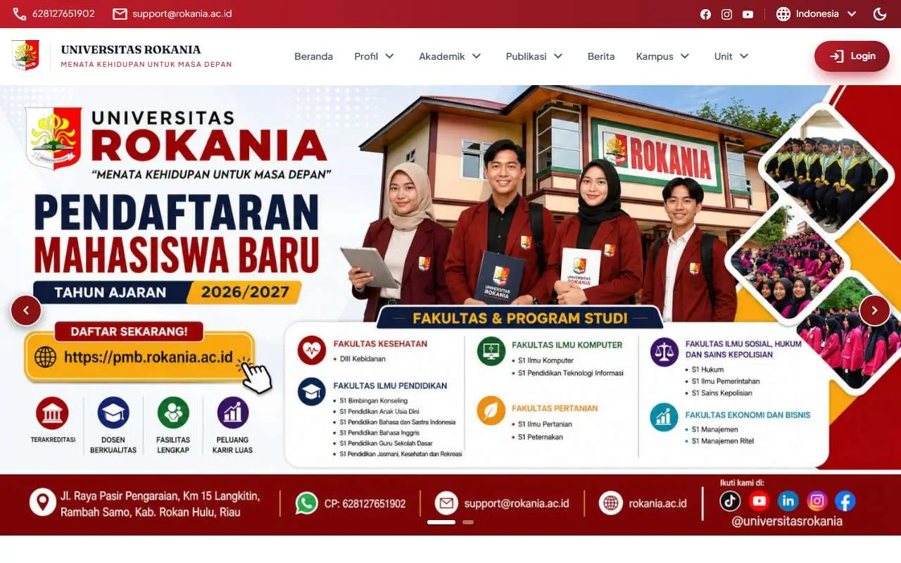 Tampilan website resmi Universitas Rokania (rokania.ac.id)