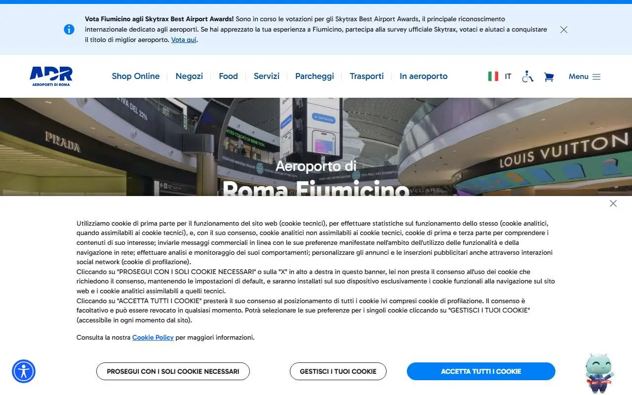 Tampilan website resmi Bandara Internasional Leonardo da Vinci (adr.it)