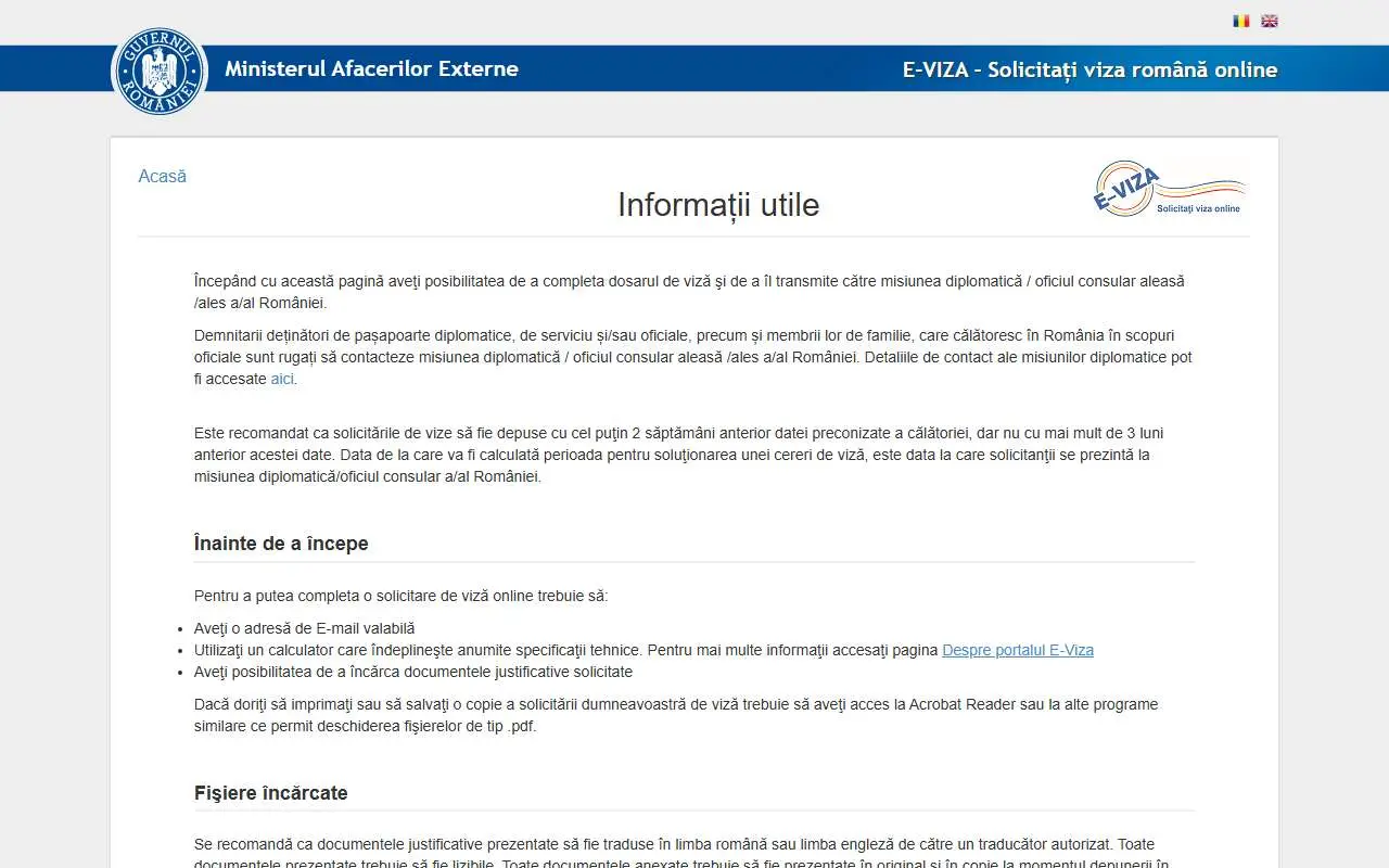 Tampilan website resmi Romania e-Visa (evisa.mae.ro)