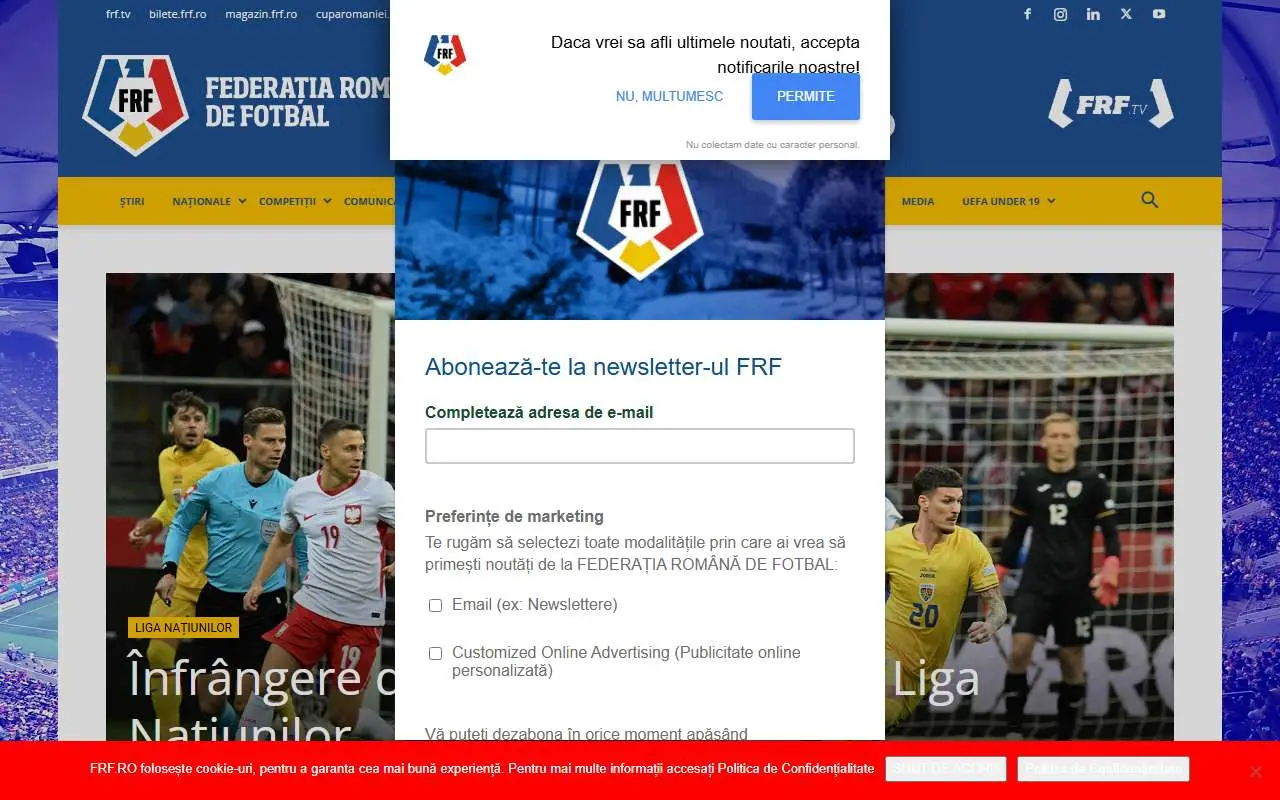 Tampilan website resmi Tim nasional sepak bola Rumania (frf.ro)