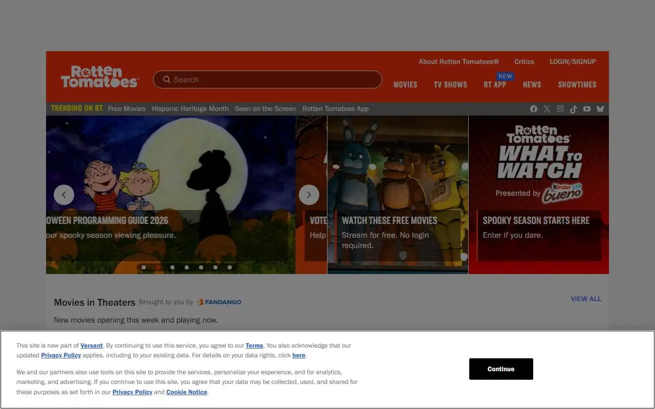 Tampilan website resmi Rotten Tomatoes (rottentomatoes.com)