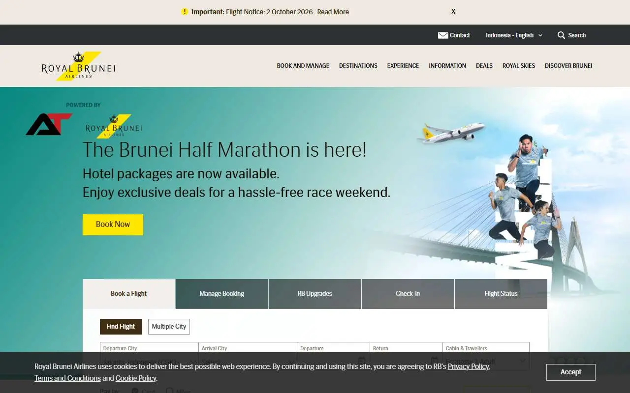 Tampilan website resmi Royal Brunei Airlines (flyroyalbrunei.com)