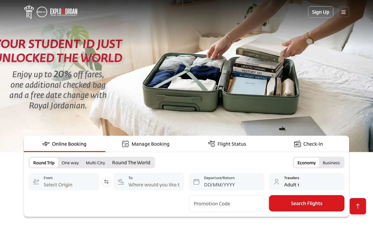 Tampilan website resmi Royal Jordanian Airlines (rj.com)