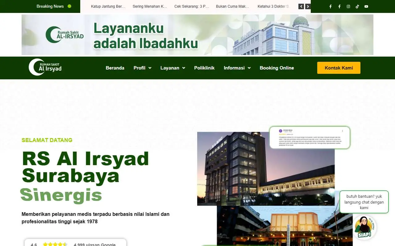 Tampilan website resmi Rumah Sakit Al-Irsyad (rs-alirsyadsurabaya.co.id)
