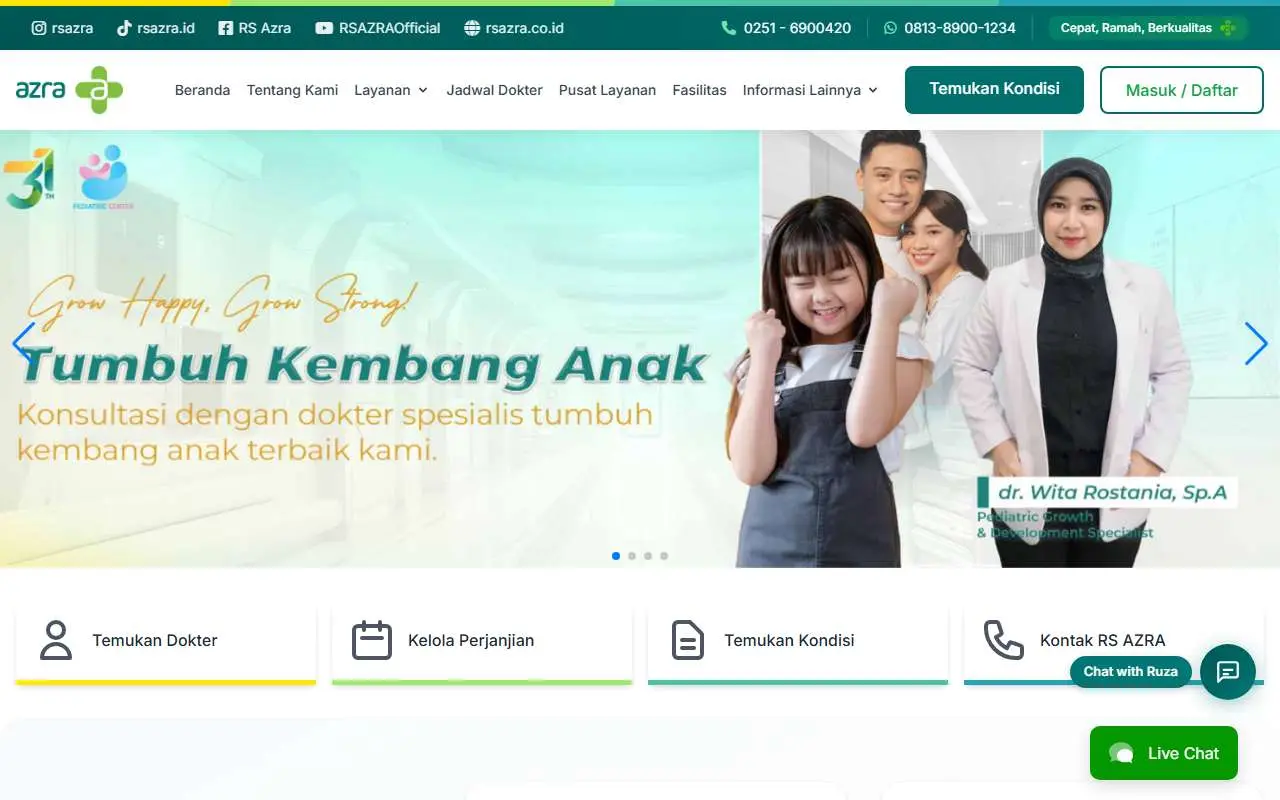 Tampilan website resmi Rumah Sakit Azra Bogor (rsazra.co.id)