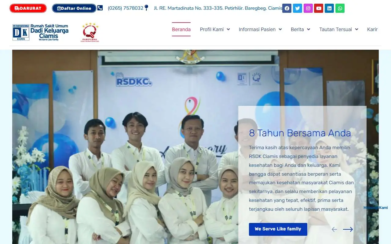 Tampilan website resmi Rumah Sakit Umum Dadi Keluarga Ciamis (rsdkciamis.com)