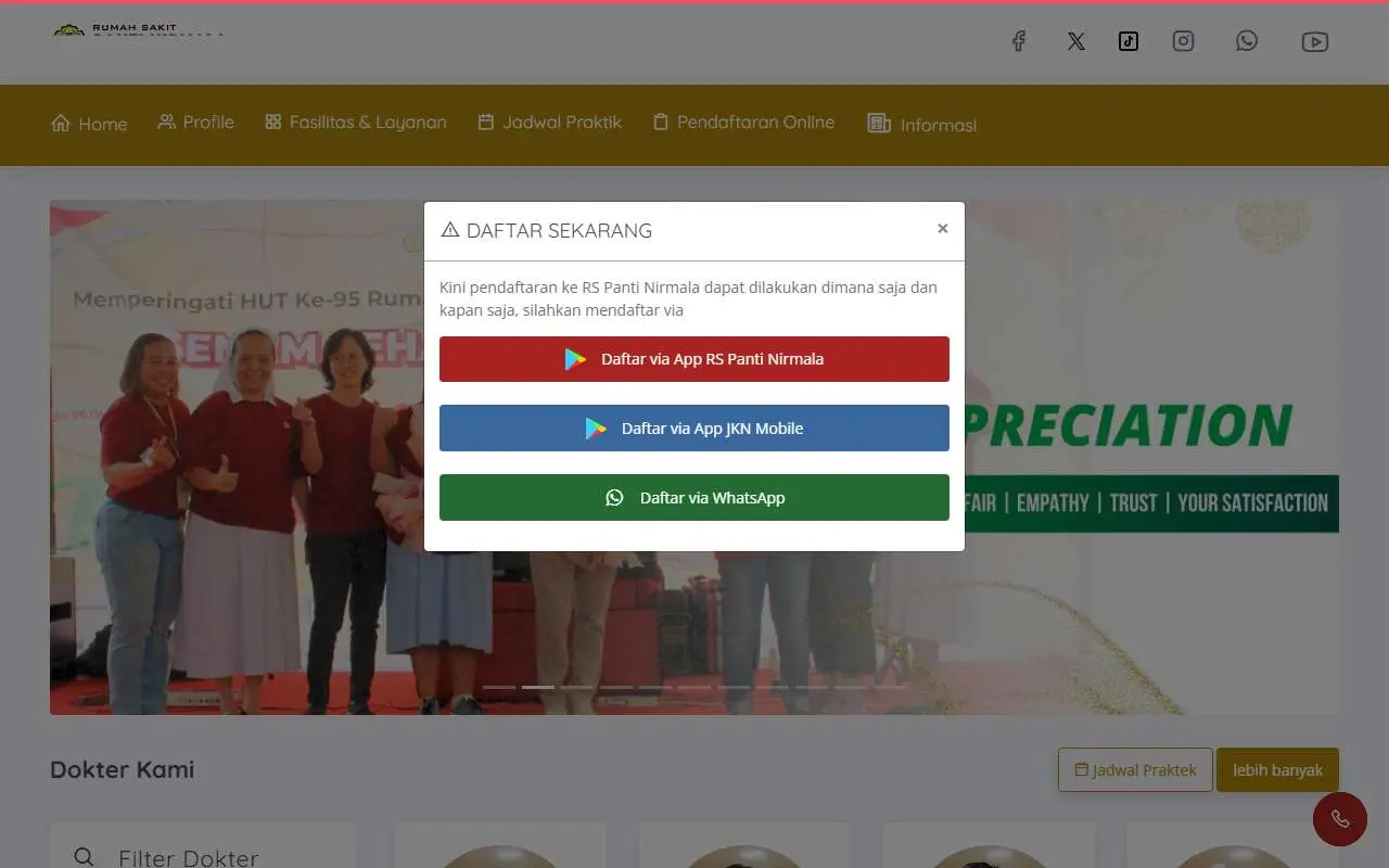 Tampilan website resmi Rumah Sakit Panti Nirmala (rspantinirmala.com)