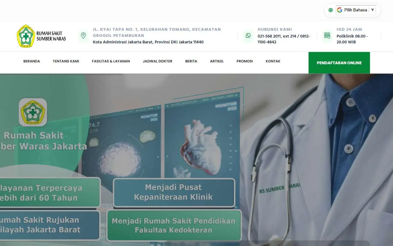 Tampilan website resmi RS Umum Sumber Waras (rssumberwaras.co.id)