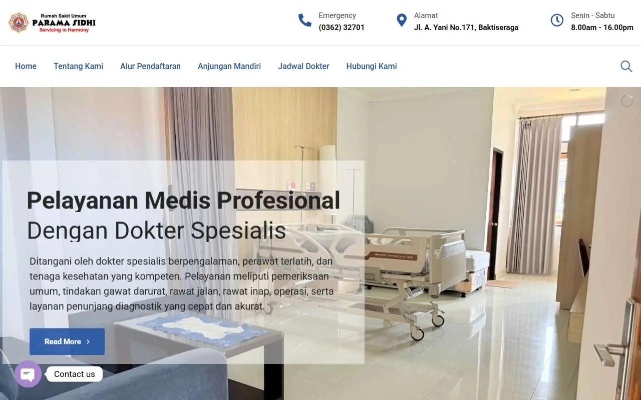 Tampilan website resmi Rumah Sakit Umum Parama Sidhi (rsuparamasidhi.com)