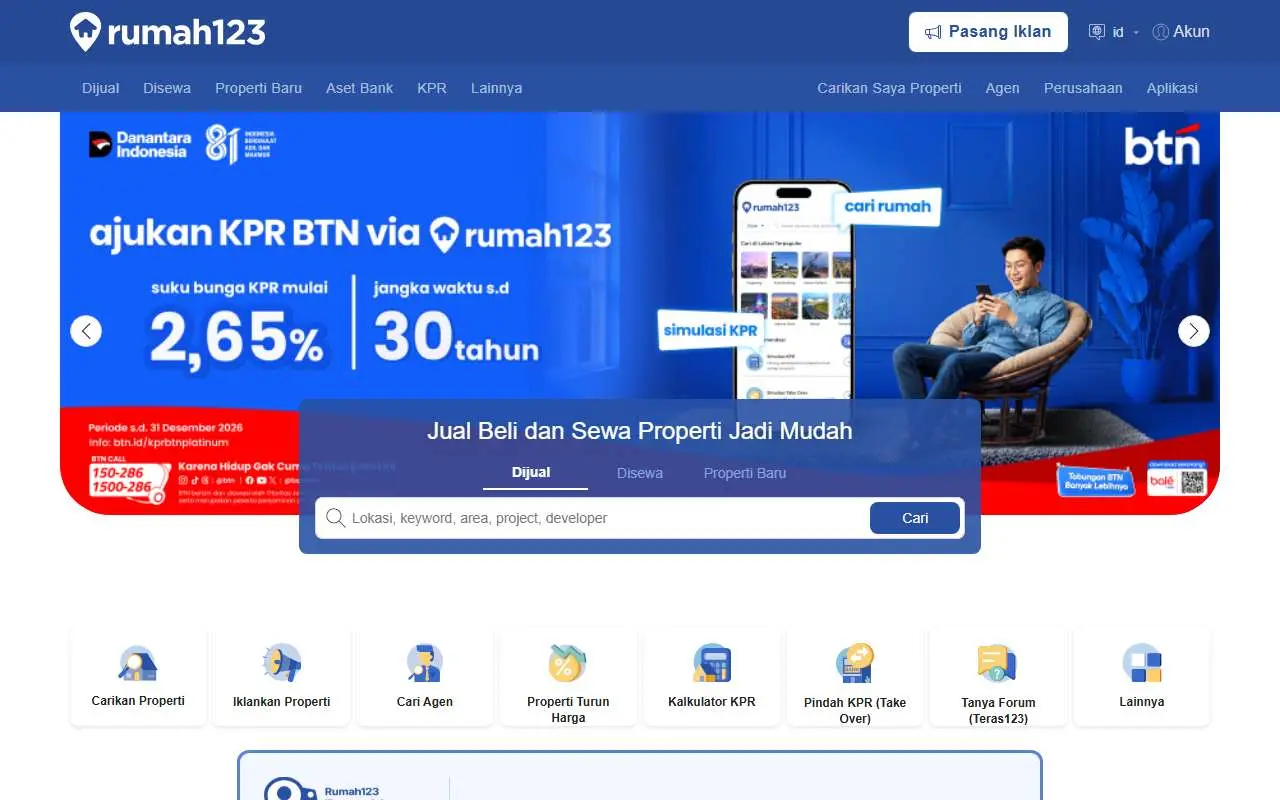 Tampilan website resmi Rumah123 (rumah123.com)