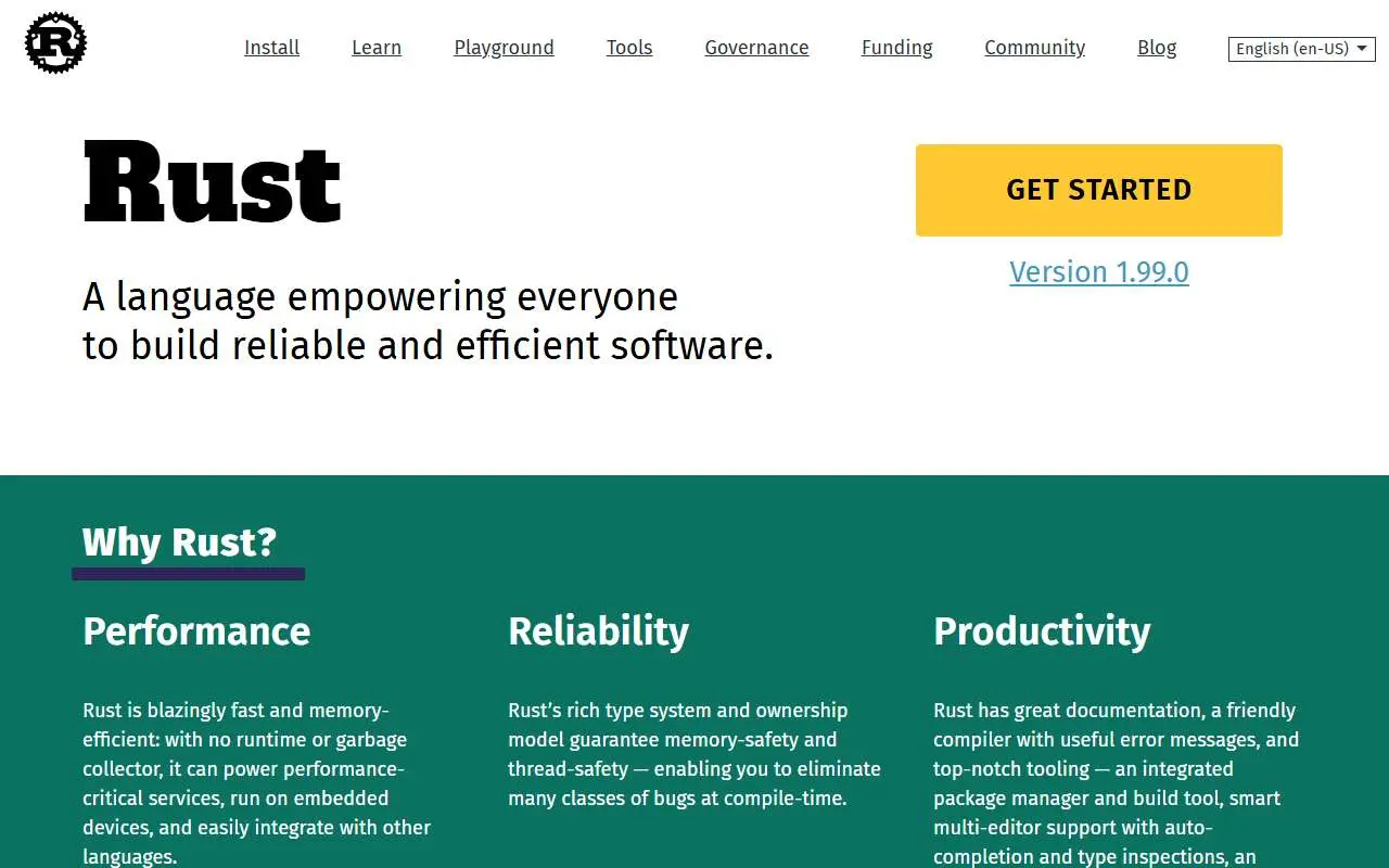 Tampilan website resmi Rust (rust-lang.org)