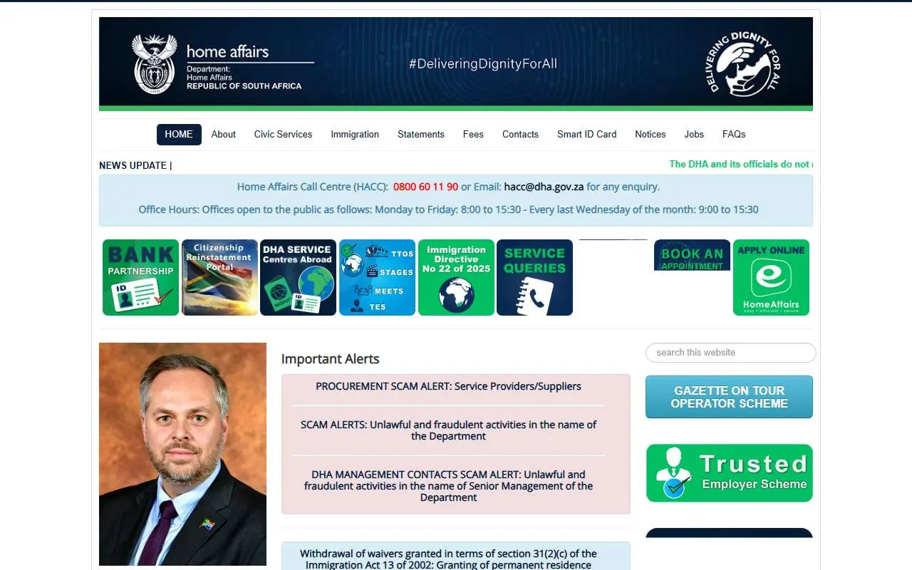 Tampilan website resmi Home Affairs Afrika Selatan (dha.gov.za)