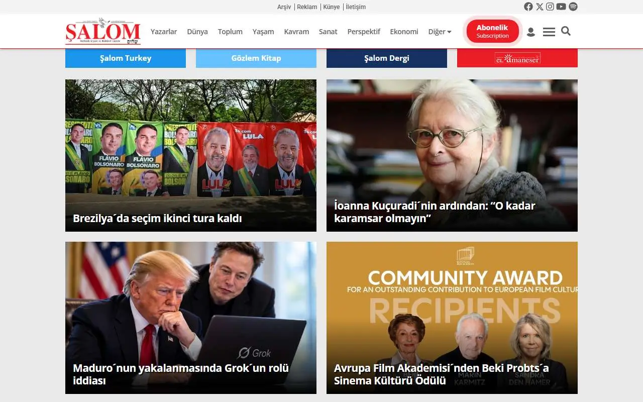 Tampilan website resmi Şalom (salom.com.tr)