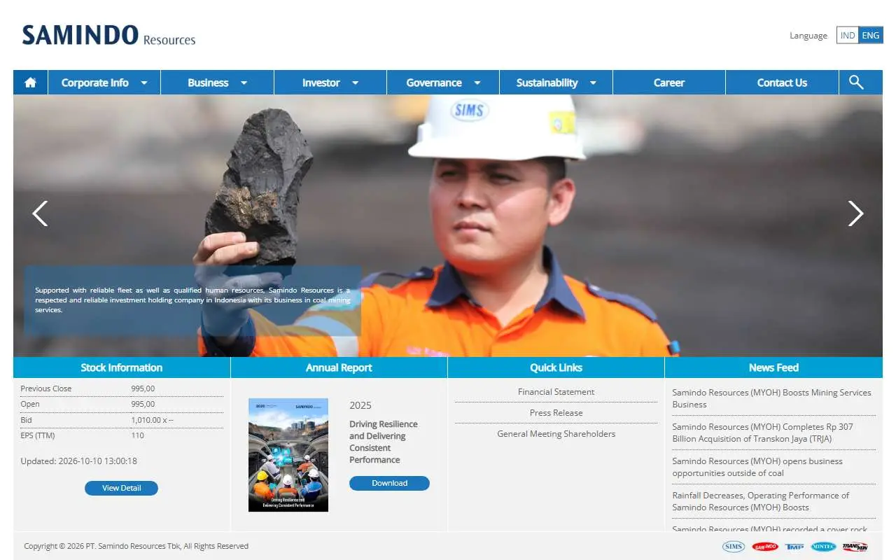 Tampilan website resmi Samindo Resources (samindoresources.com)