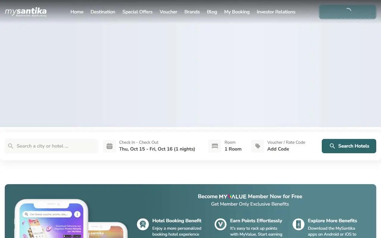 Tampilan website resmi Santika Hotels and Resorts (mysantika.com)