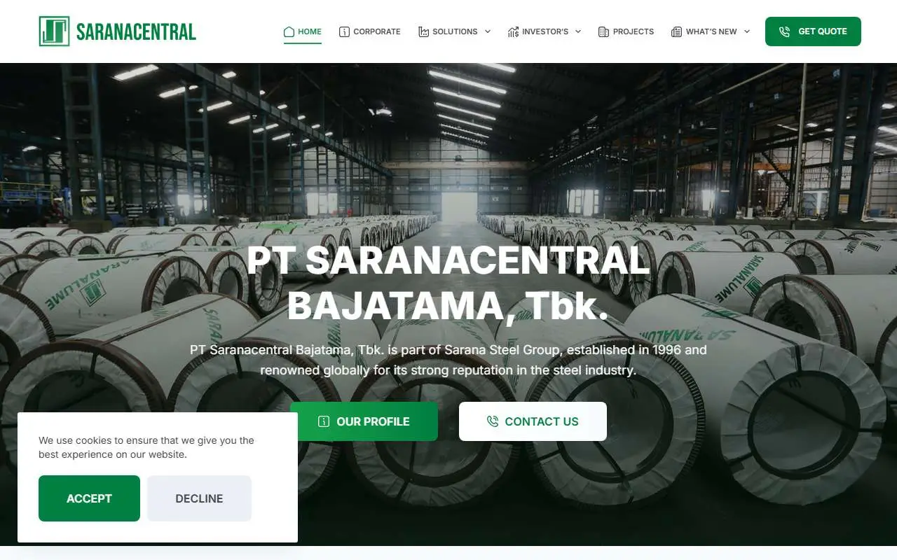 Tampilan website resmi Saranacentral Bajatama (saranacentral.com)