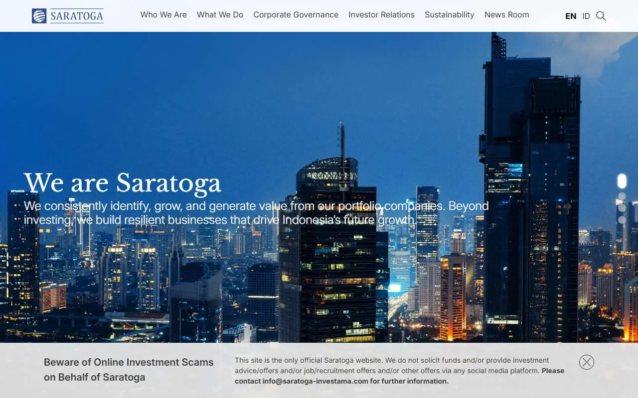 Tampilan website resmi Saratoga Investama Sedaya (saratoga-investama.com)