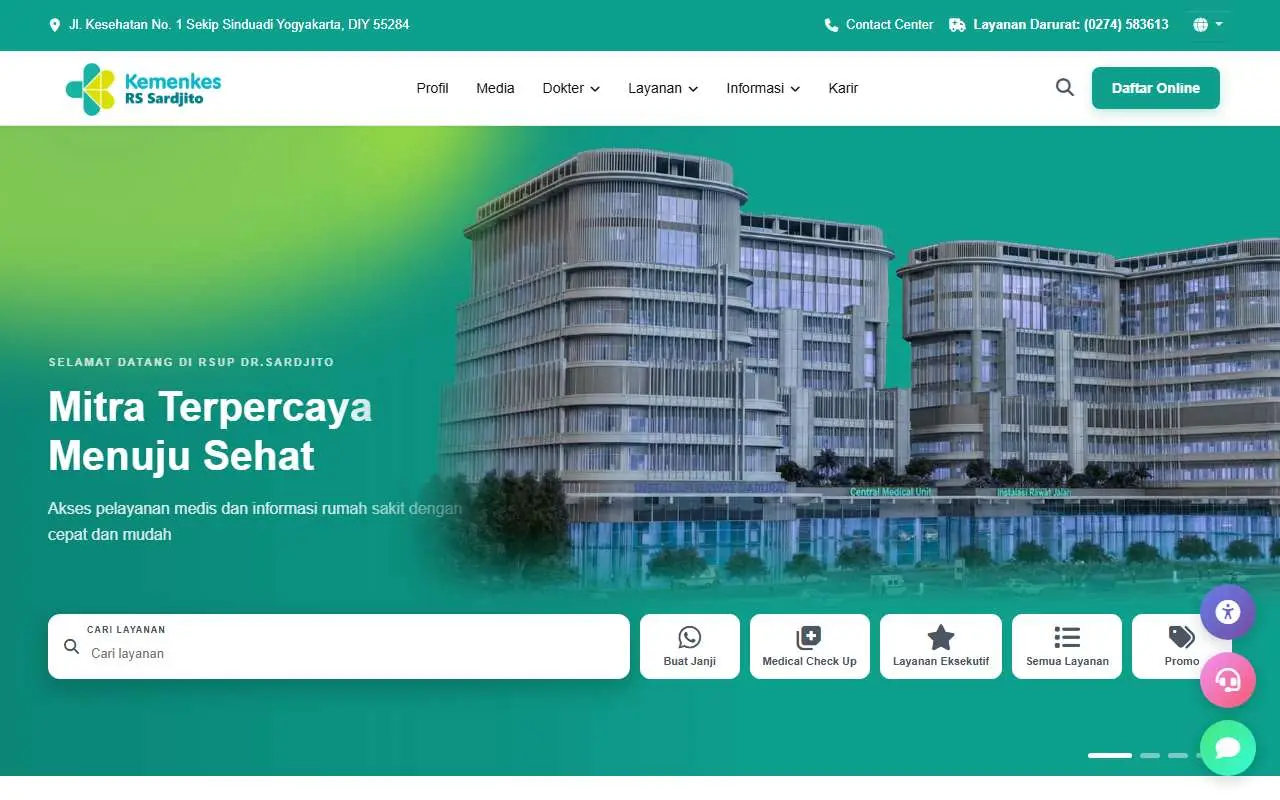 Tampilan website resmi Rumah Sakit Umum Pusat Dr Sardjito (sardjito.go.id)