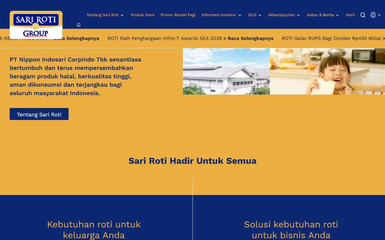 Tampilan website resmi Nippon Indosari Corpindo (sariroti.com)