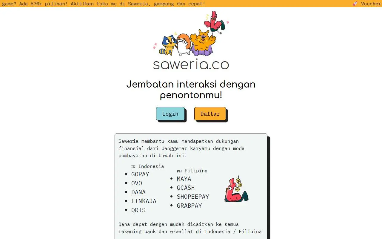 Tampilan website resmi Saweria (saweria.co)