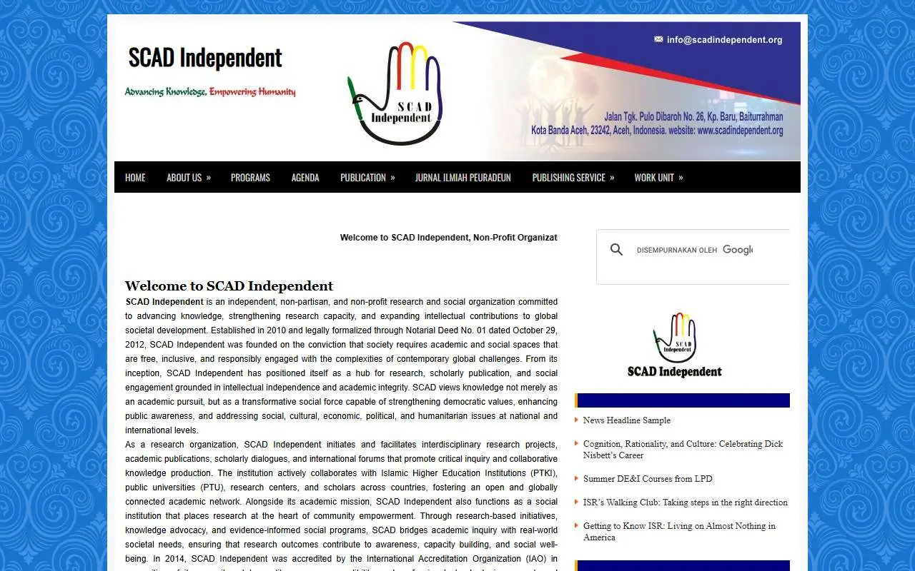 Tampilan website resmi SCAD Independent (scadindependent.org)