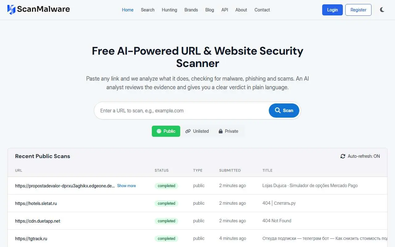 Tampilan website resmi ScanMalware (scanmalware.com)