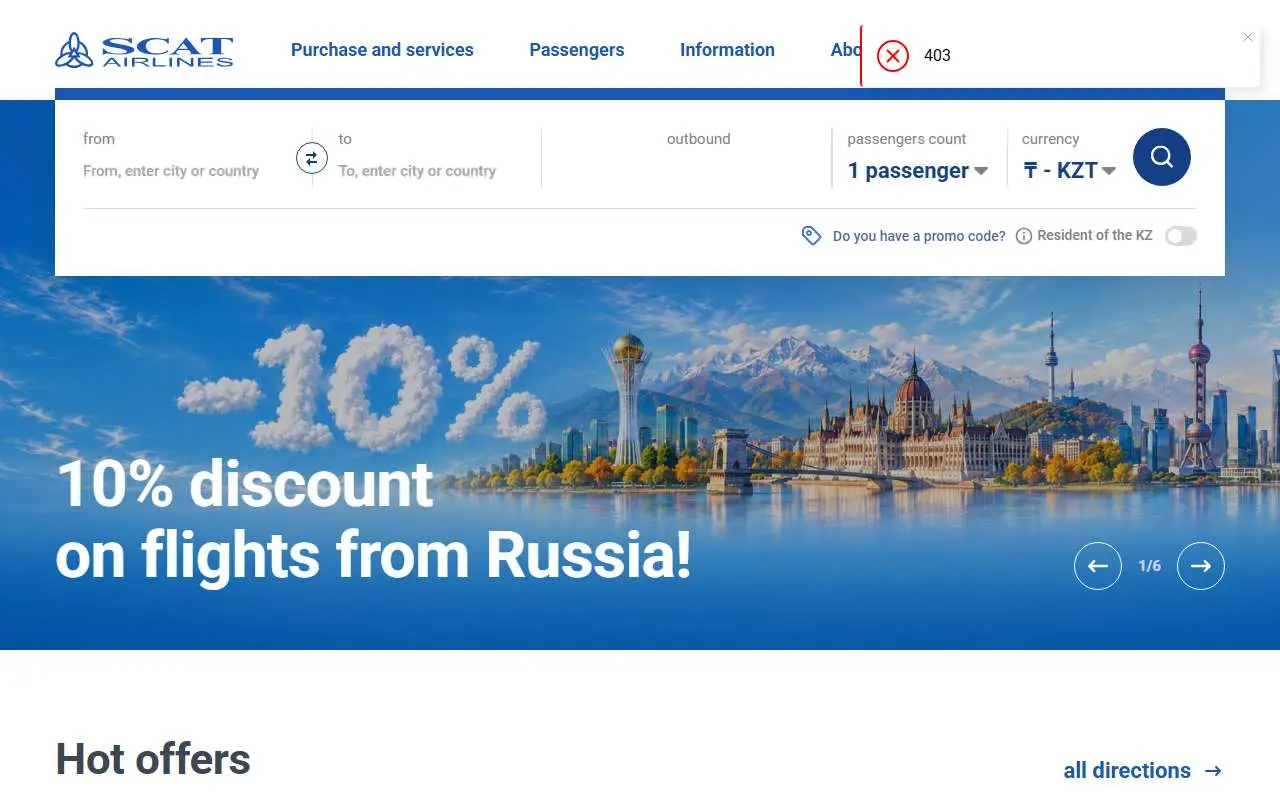 Tampilan website resmi SCAT Airlines (scat.kz)