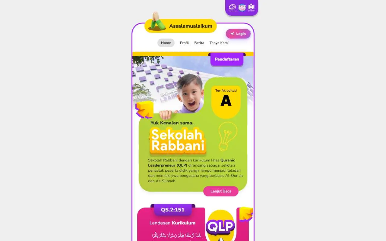 Tampilan website resmi SD Rabbani (sekolahrabbani.sch.id)