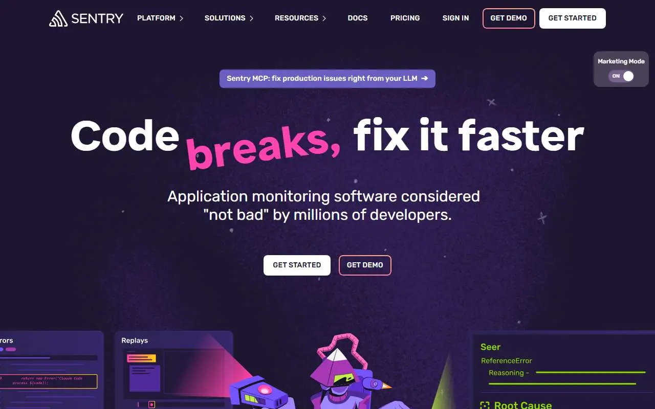 Tampilan website resmi Sentry (sentry.io)