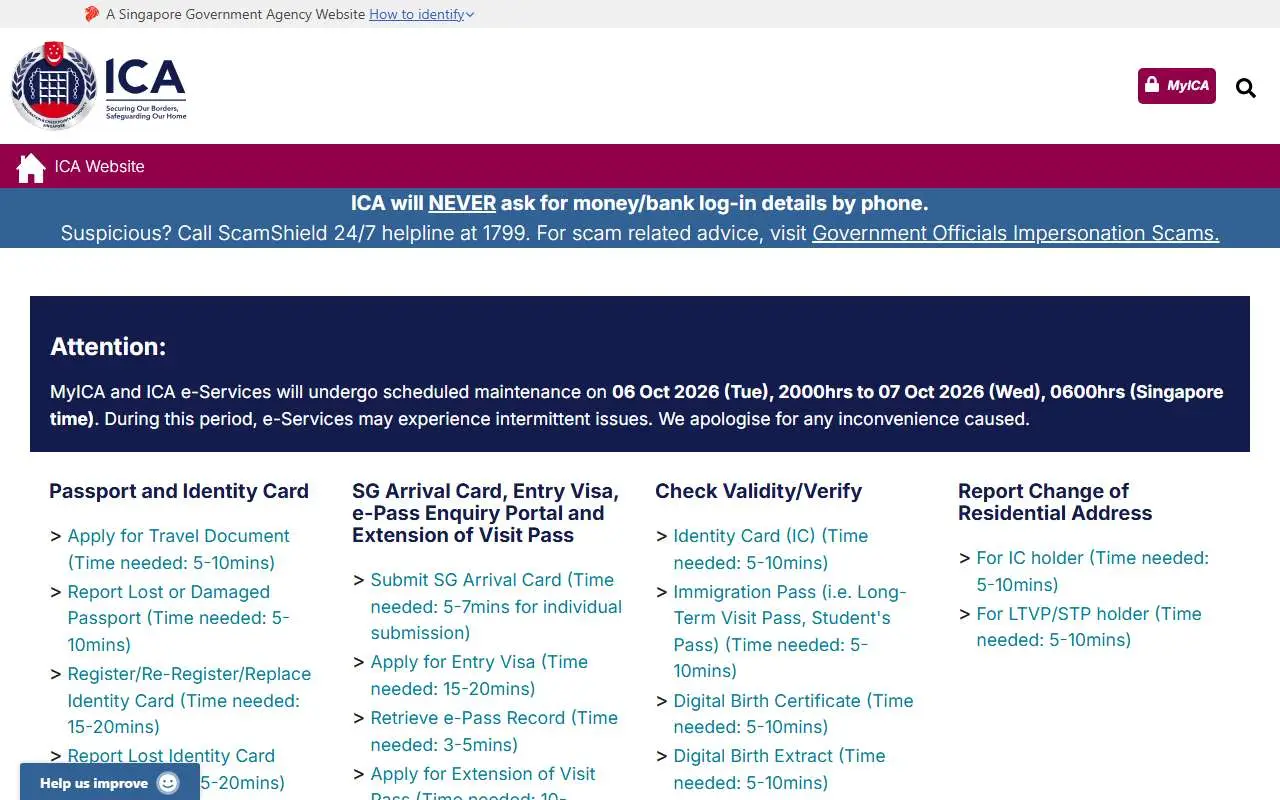 Tampilan website resmi SG Arrival Card (eservices.ica.gov.sg)